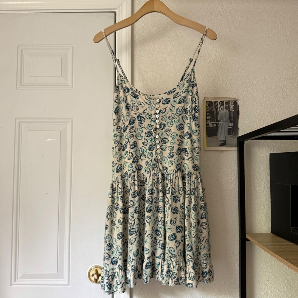 RON HERMAN teal blue cream floral rayon sleeveless mini dress